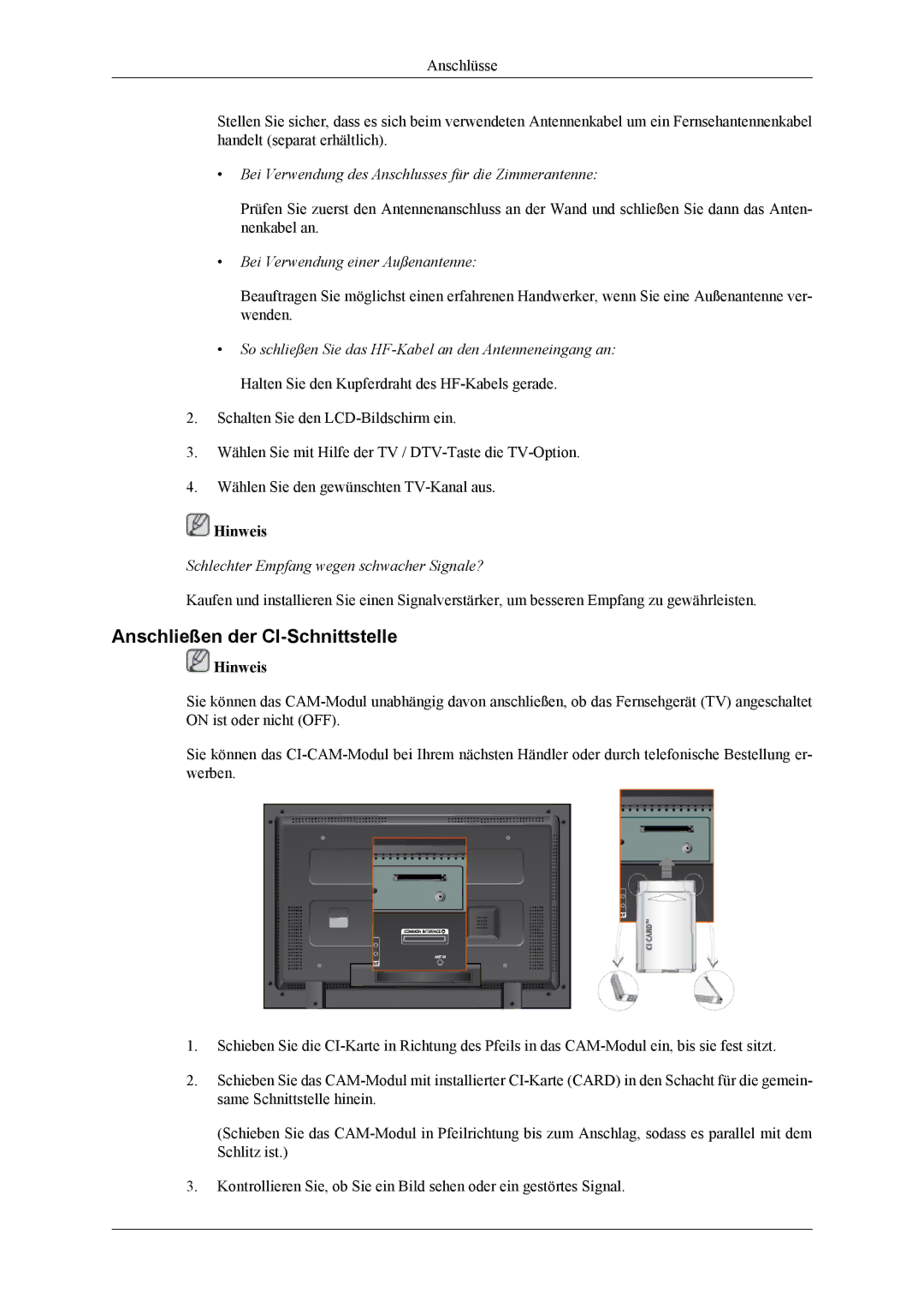 Samsung LH46MGTLGD/EN manual Anschließen der CI-Schnittstelle, Bei Verwendung des Anschlusses für die Zimmerantenne 