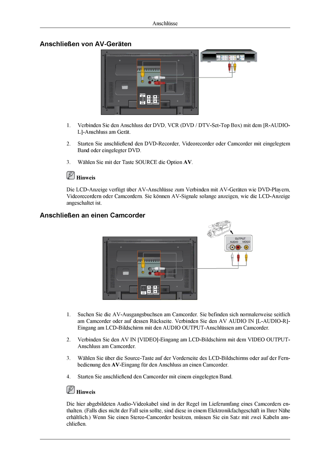 Samsung LH40MGTLGD/EN, LH46MGTLGD/EN manual Anschließen von AV-Geräten, Anschließen an einen Camcorder 