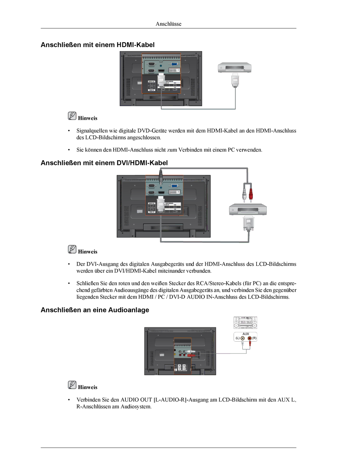 Samsung LH46MGTLGD/EN, LH40MGTLGD/EN manual Anschließen mit einem HDMI-Kabel, Anschließen mit einem DVI/HDMI-Kabel 