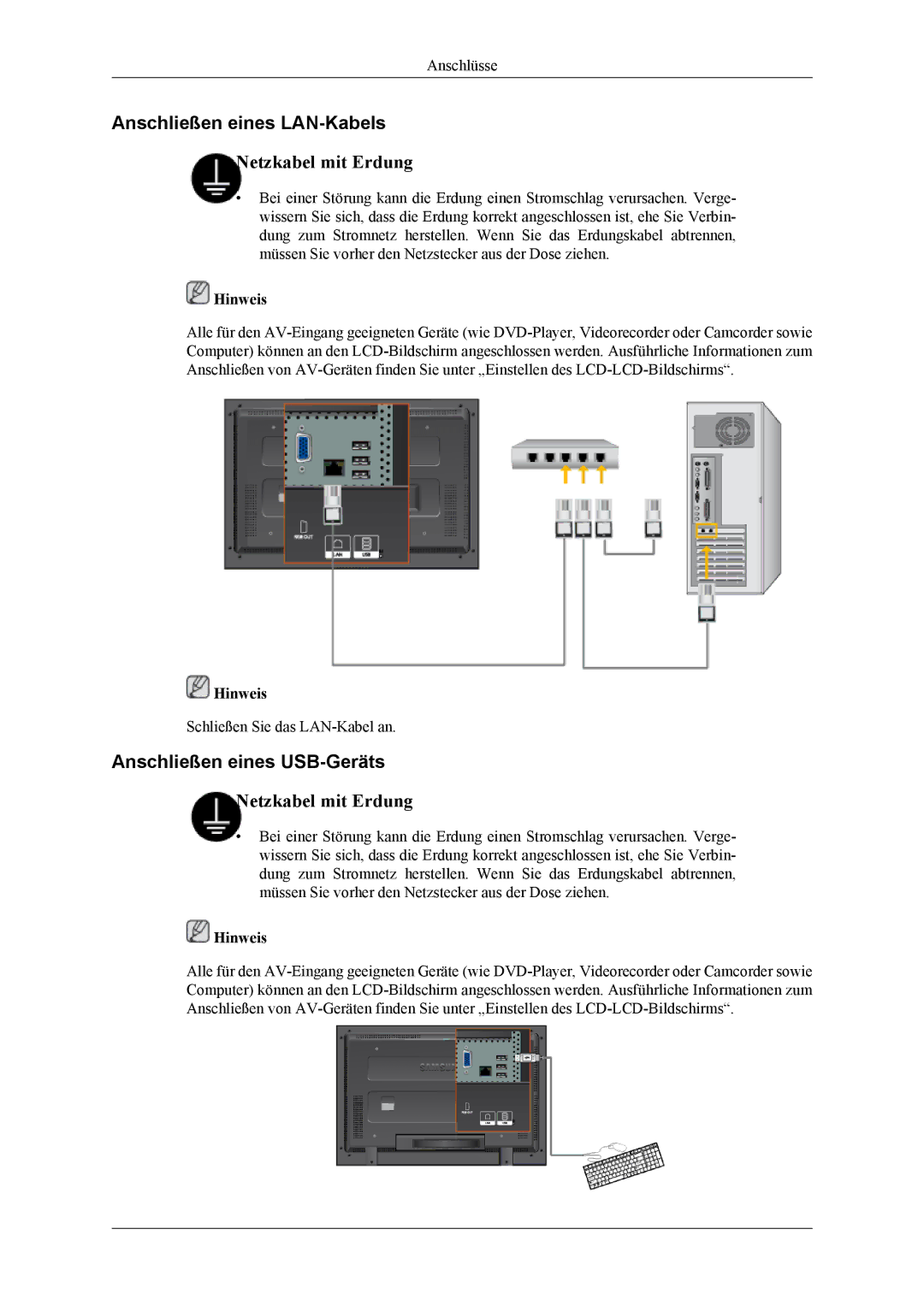 Samsung LH40MGTLGD/EN, LH46MGTLGD/EN manual Anschließen eines LAN-Kabels, Anschließen eines USB-Geräts 