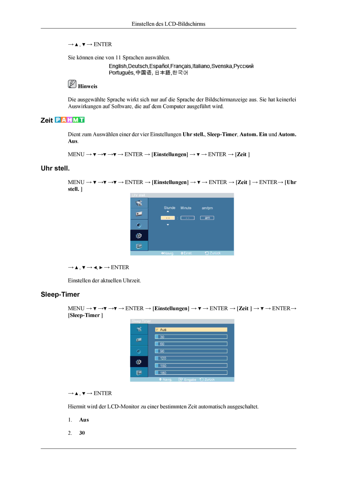 Samsung LH46MGTLGD/EN, LH40MGTLGD/EN manual Zeit, Uhr stell, Sleep-Timer 