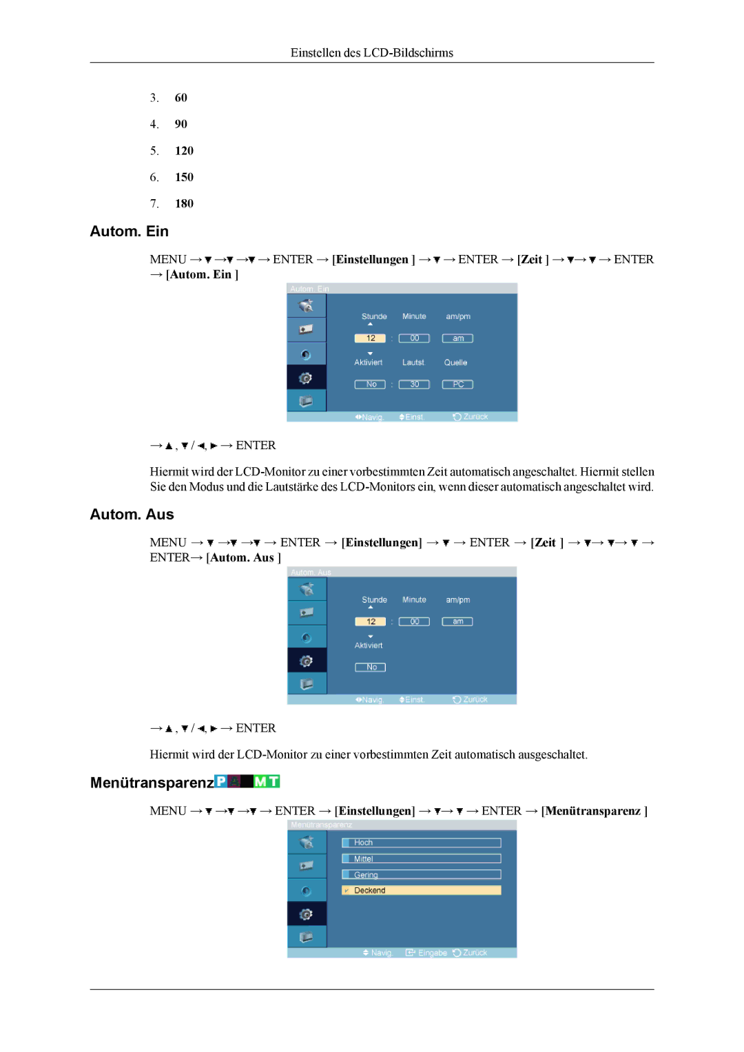 Samsung LH40MGTLGD/EN, LH46MGTLGD/EN manual Autom. Aus, Menütransparenz, → Autom. Ein 