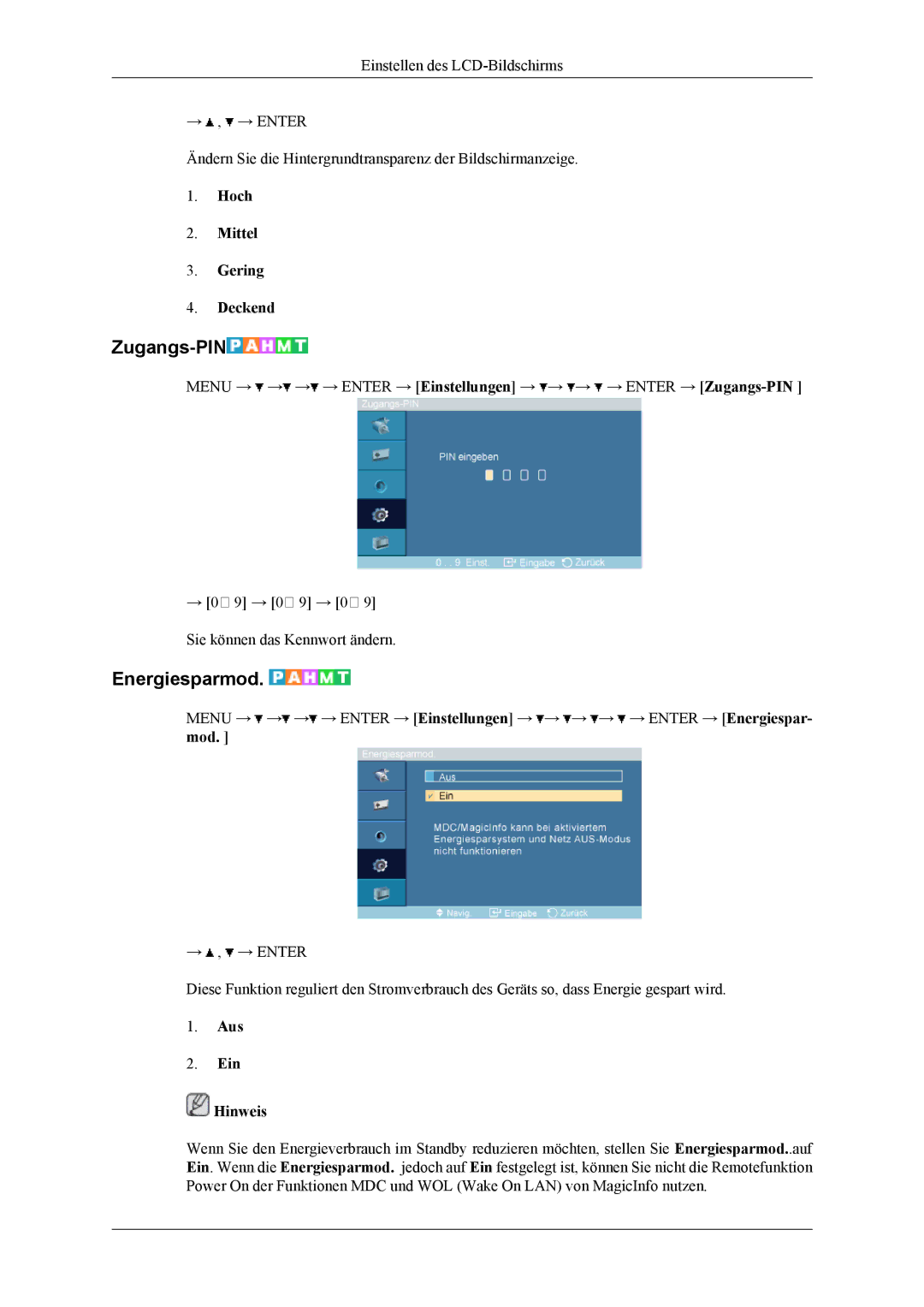 Samsung LH46MGTLGD/EN, LH40MGTLGD/EN manual Zugangs-PIN, Energiesparmod, Hoch Mittel Gering Deckend 