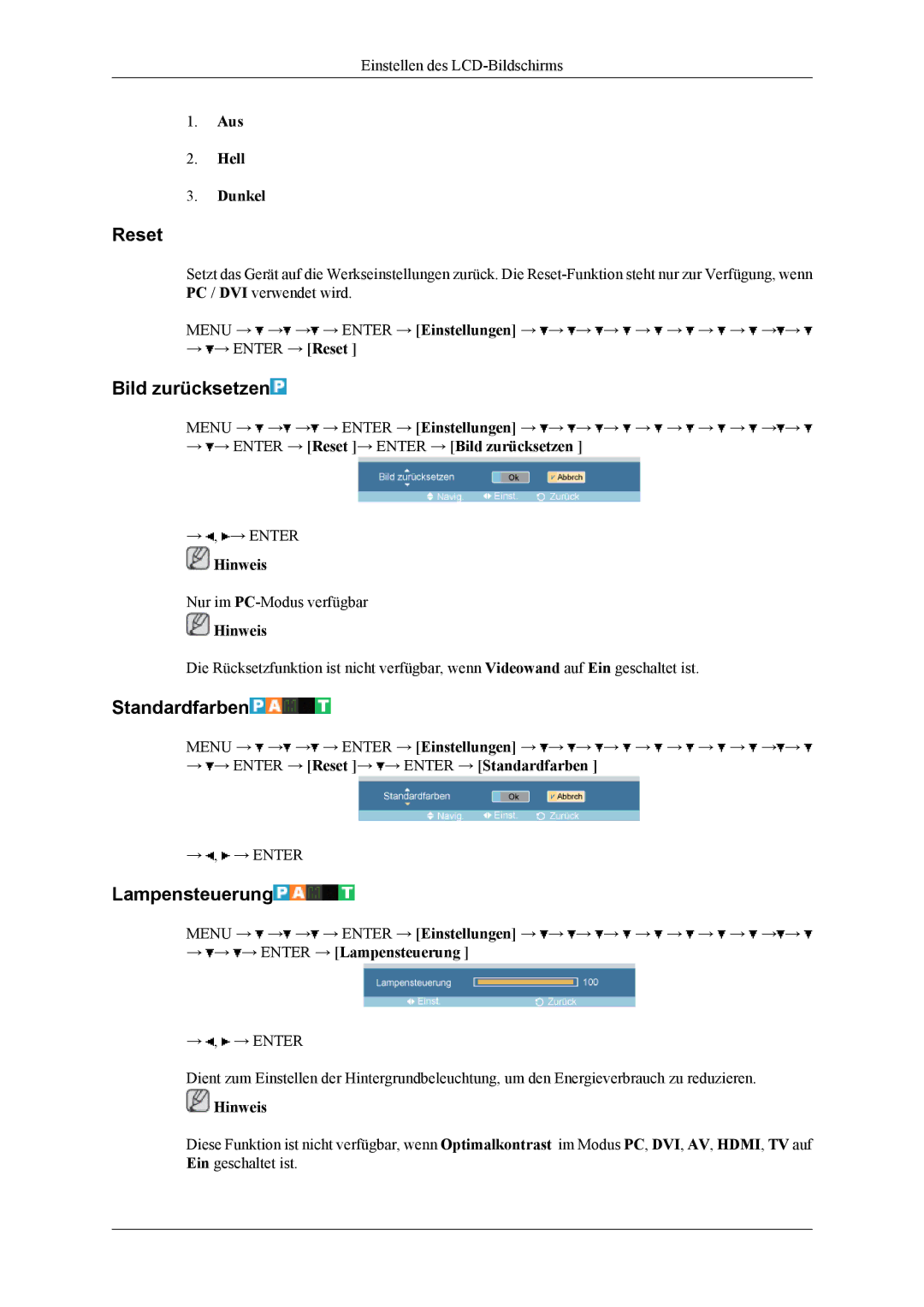 Samsung LH40MGTLGD/EN, LH46MGTLGD/EN manual Reset, Bild zurücksetzen, Standardfarben, Lampensteuerung 