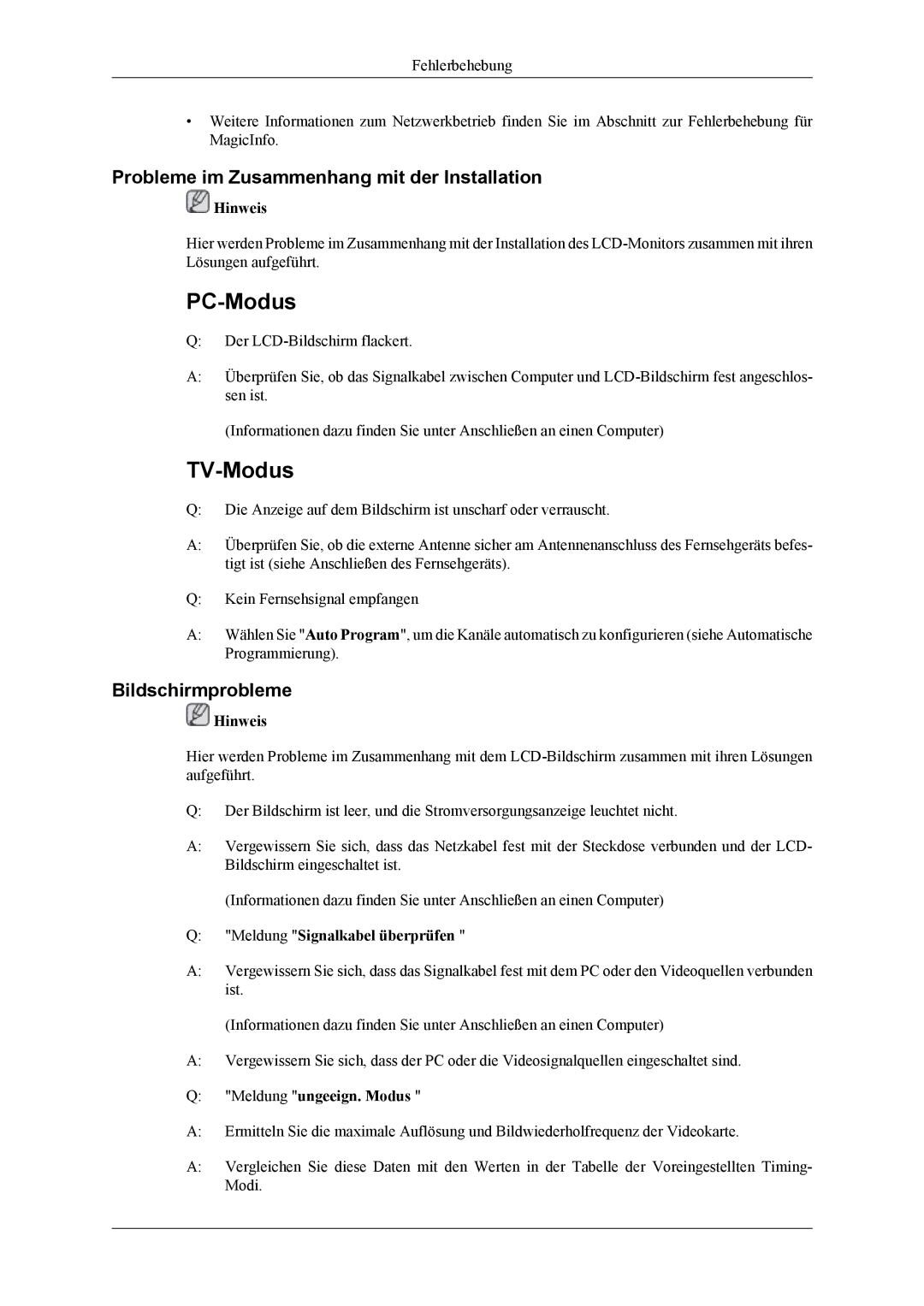 Samsung LH46MGTLGD/EN, LH40MGTLGD/EN manual Probleme im Zusammenhang mit der Installation, Bildschirmprobleme 