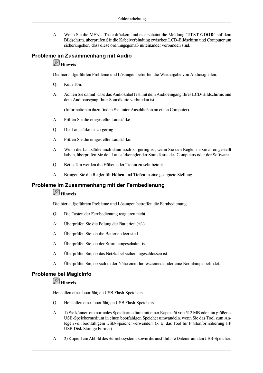 Samsung LH46MGTLGD/EN, LH40MGTLGD/EN Probleme im Zusammenhang mit Audio, Probleme im Zusammenhang mit der Fernbedienung 