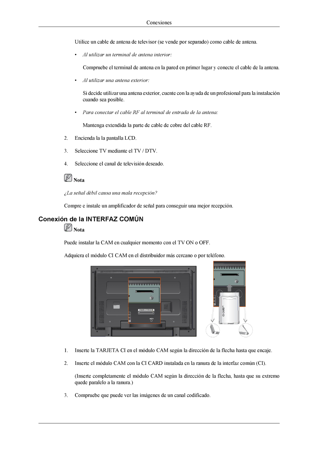 Samsung LH46MGTLGD/EN, LH40MGTLGD/EN manual Conexión de la Interfaz Común, Al utilizar un terminal de antena interior 