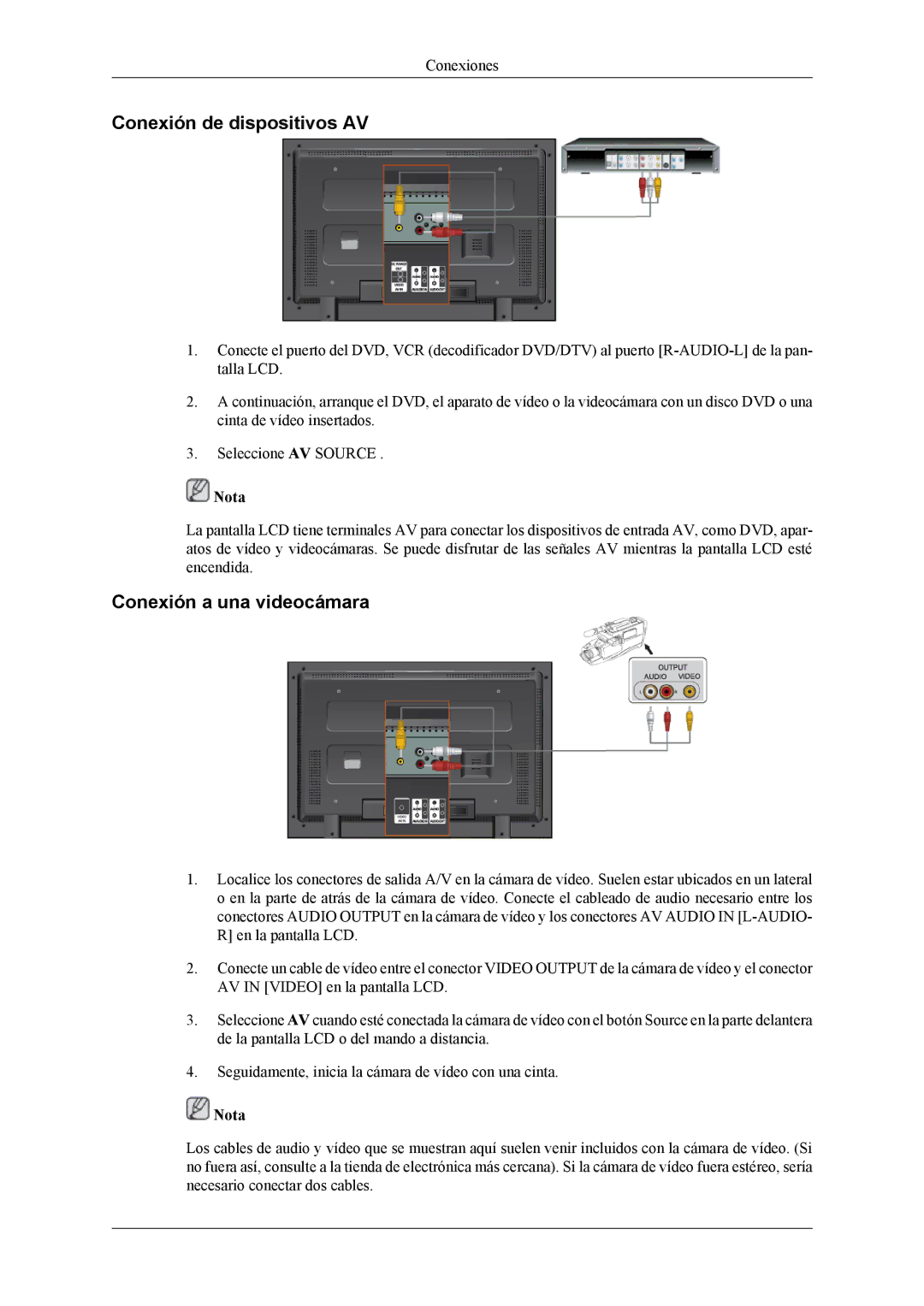 Samsung LH40MGTLGD/EN, LH46MGTLGD/EN manual Conexión de dispositivos AV, Conexión a una videocámara 