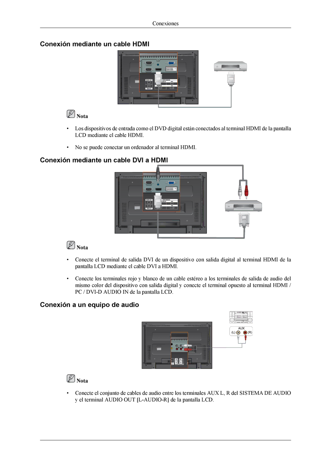 Samsung LH46MGTLGD/EN, LH40MGTLGD/EN manual Conexión mediante un cable Hdmi, Conexión mediante un cable DVI a Hdmi 