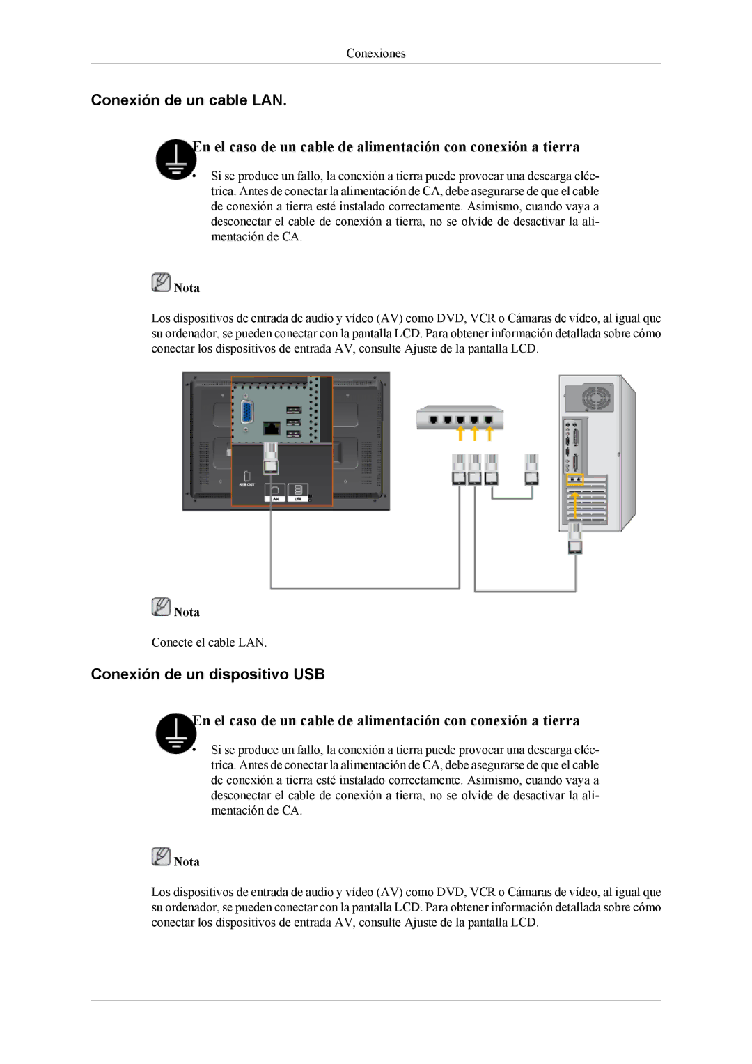 Samsung LH40MGTLGD/EN, LH46MGTLGD/EN manual Conexión de un cable LAN, Conexión de un dispositivo USB 