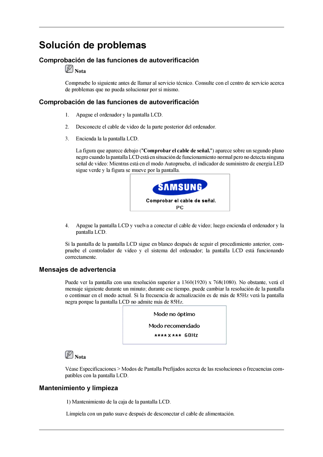 Samsung LH40MGTLGD/EN Comprobación de las funciones de autoverificación, Mensajes de advertencia, Mantenimiento y limpieza 