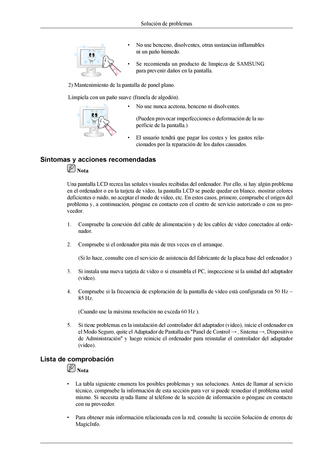 Samsung LH46MGTLGD/EN, LH40MGTLGD/EN manual Síntomas y acciones recomendadas, Lista de comprobación 