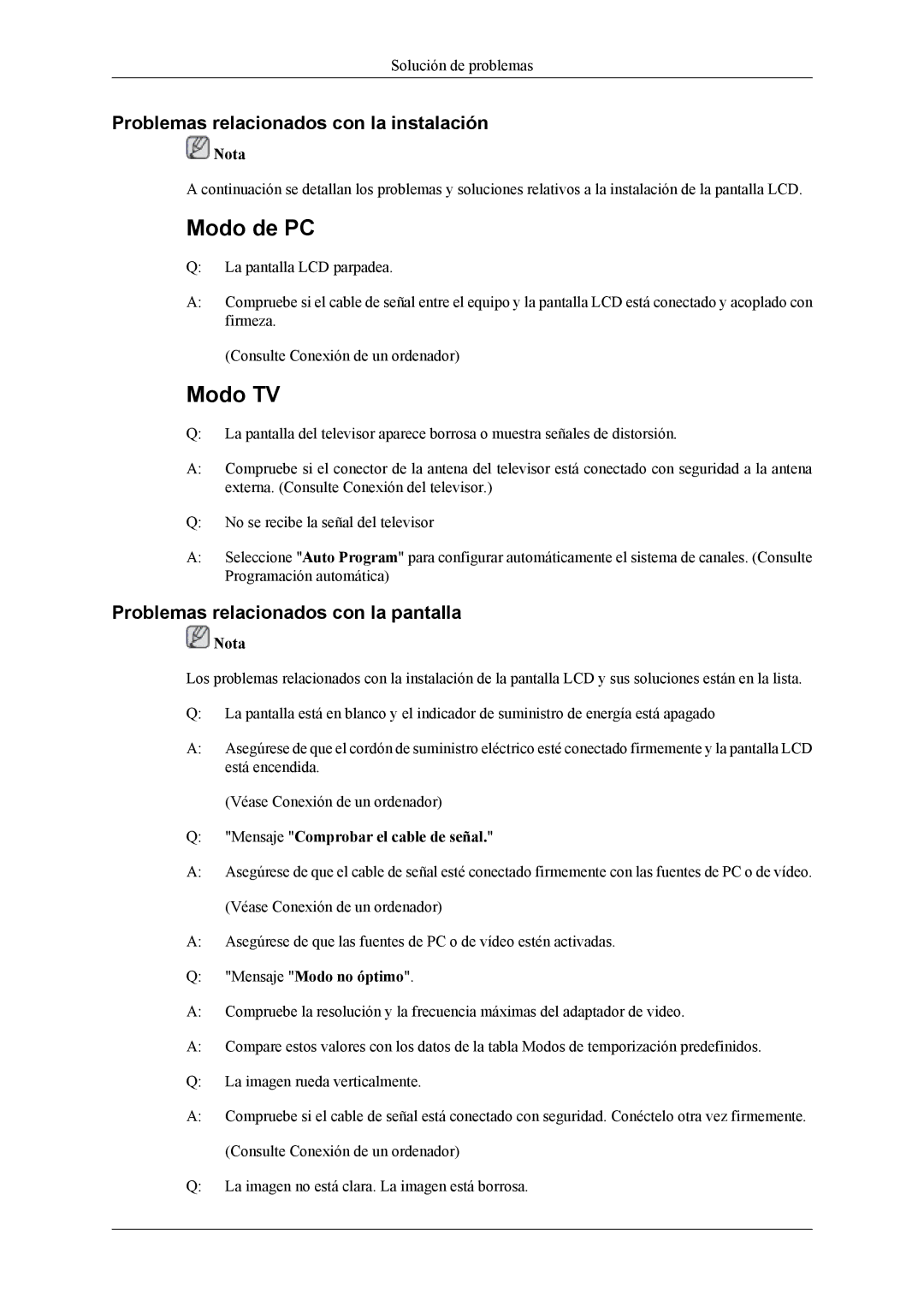 Samsung LH40MGTLGD/EN, LH46MGTLGD/EN Problemas relacionados con la instalación, Problemas relacionados con la pantalla 