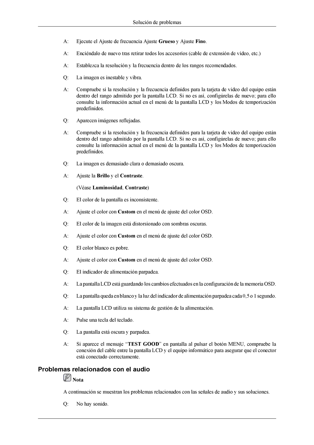 Samsung LH46MGTLGD/EN, LH40MGTLGD/EN manual Problemas relacionados con el audio 