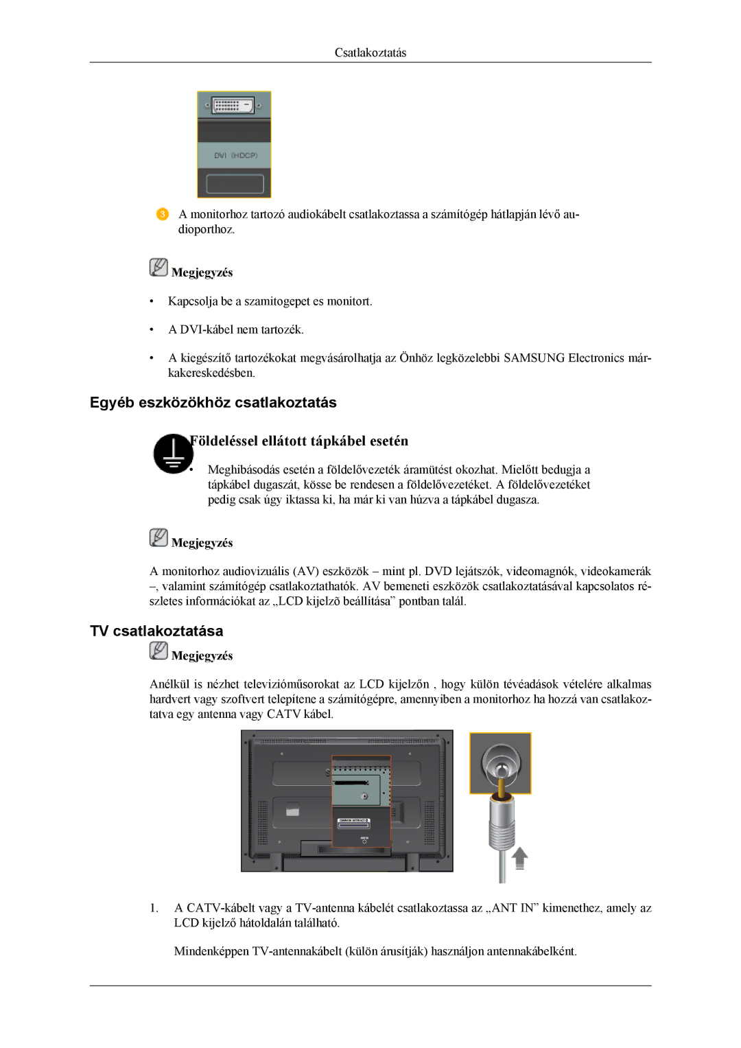 Samsung LH40MGTLGD/EN, LH46MGTLGD/EN manual Egyéb eszközökhöz csatlakoztatás, TV csatlakoztatása 