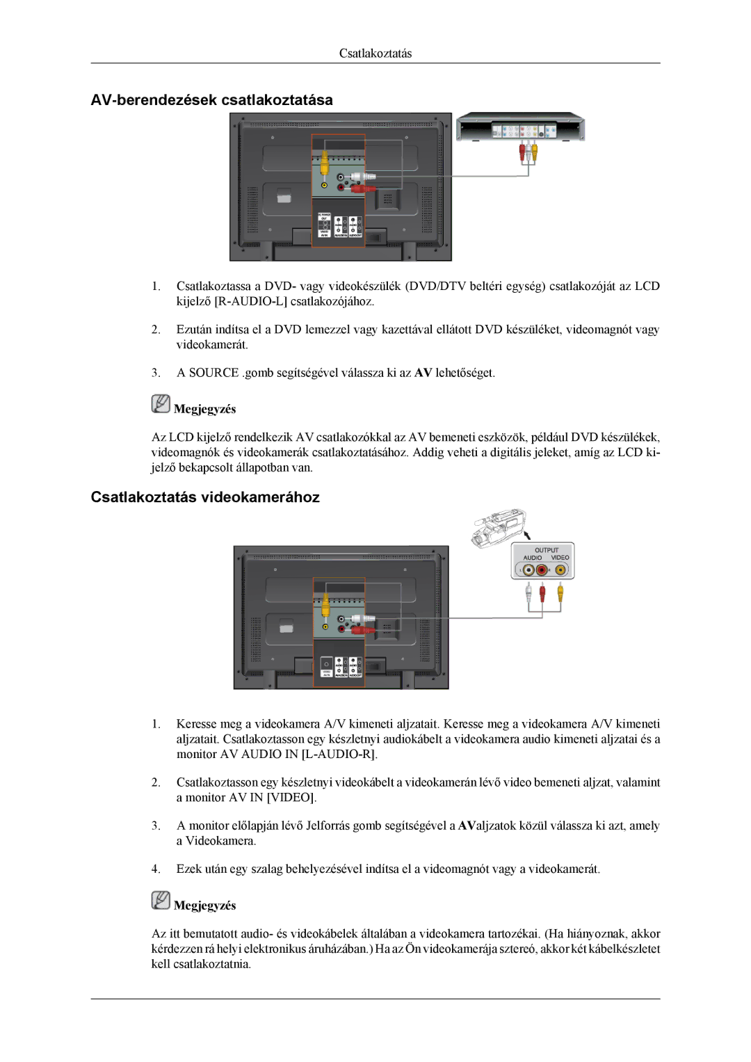 Samsung LH40MGTLGD/EN, LH46MGTLGD/EN manual AV-berendezések csatlakoztatása, Csatlakoztatás videokamerához 