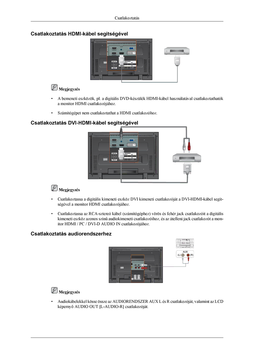 Samsung LH46MGTLGD/EN, LH40MGTLGD/EN Csatlakoztatás HDMI-kábel segítségével, Csatlakoztatás DVI-HDMI-kábel segítségével 