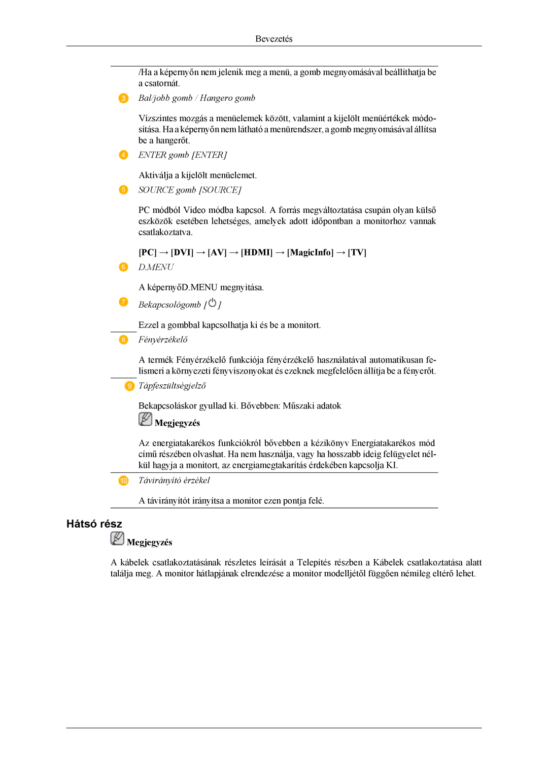 Samsung LH40MGTLGD/EN, LH46MGTLGD/EN manual Hátsó rész, Menu 