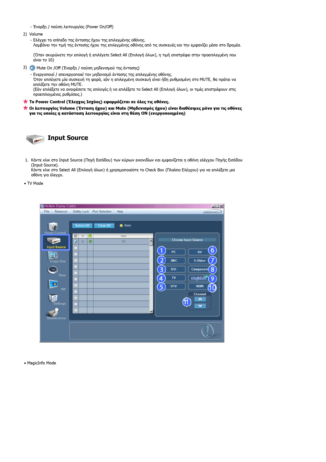 Samsung LH40MGQLBC/EN, LH40MGULBC/EN manual Input Source, Το Power Control Έλεγχος Ισχύος εφαρμόζεται σε όλες τις οθόνες 