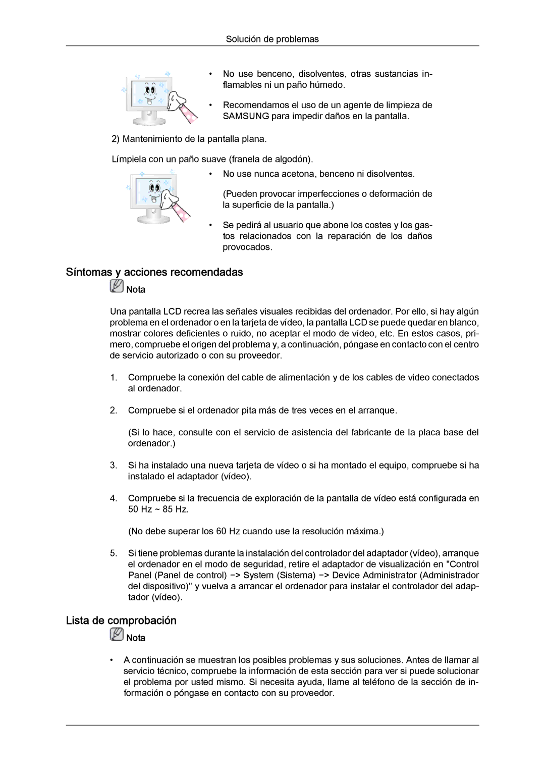 Samsung LH40MGULBC/ZB, LH40MGULBC/EN, LH40MGQLBC/EN, LH46MGQLBC/EN Síntomas y acciones recomendadas, Lista de comprobación 