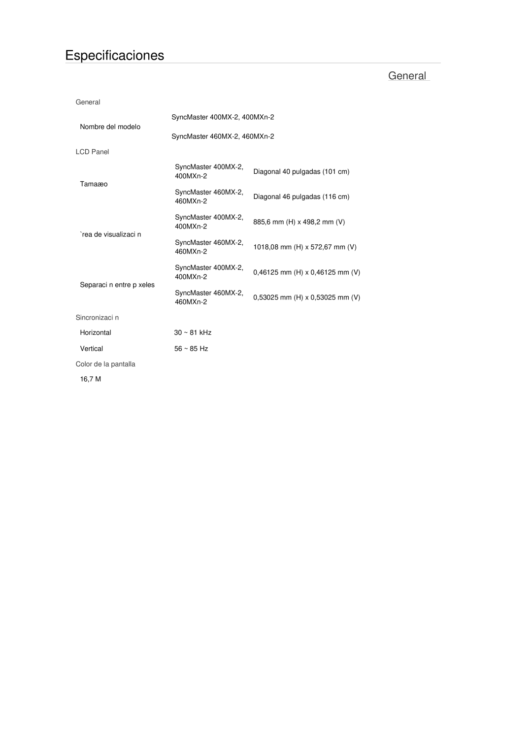 Samsung LH40MGULBC/ZB, LH40MGULBC/EN, LH40MGQLBC/EN, LH46MGQLBC/EN, LH46MGULBC/EN manual Especificaciones 