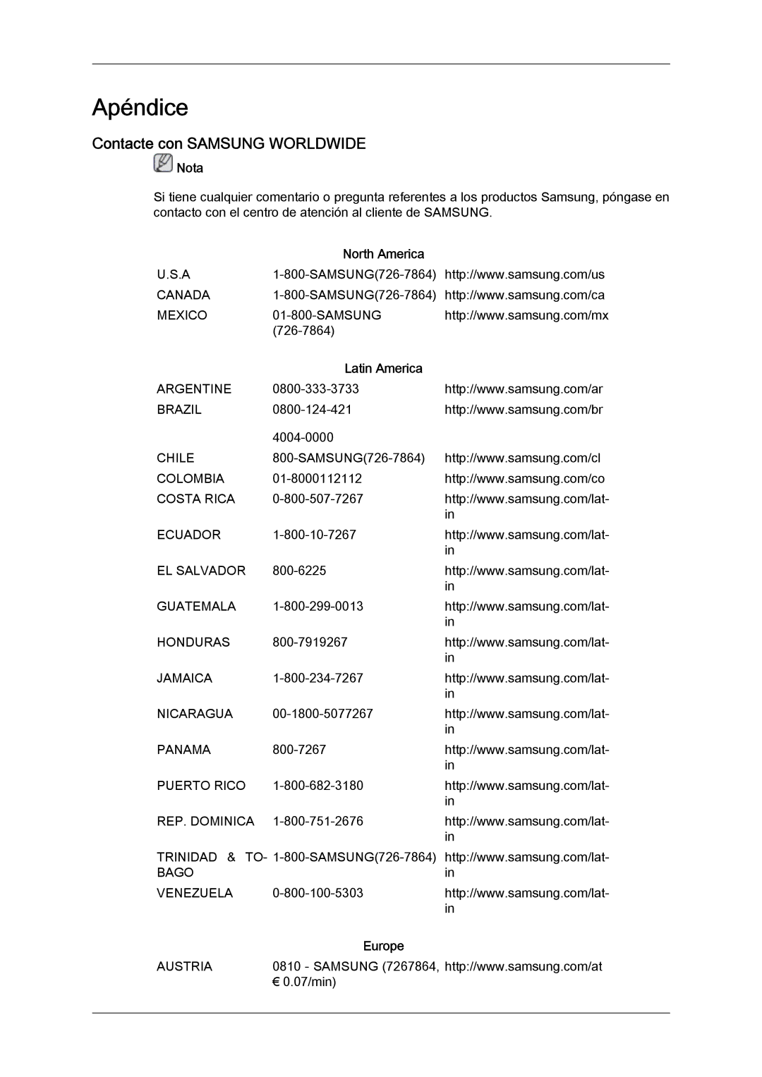 Samsung LH46MGULBC/EN, LH40MGULBC/EN, LH40MGQLBC/EN Contacte con Samsung Worldwide, North America, Latin America, Europe 