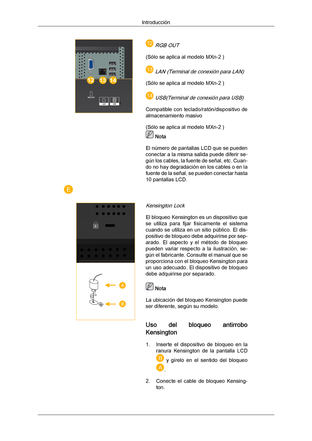 Samsung LH40MGULBC/EN, LH40MGQLBC/EN, LH46MGQLBC/EN, LH46MGULBC/EN manual Uso del bloqueo antirrobo Kensington, Rgb Out 