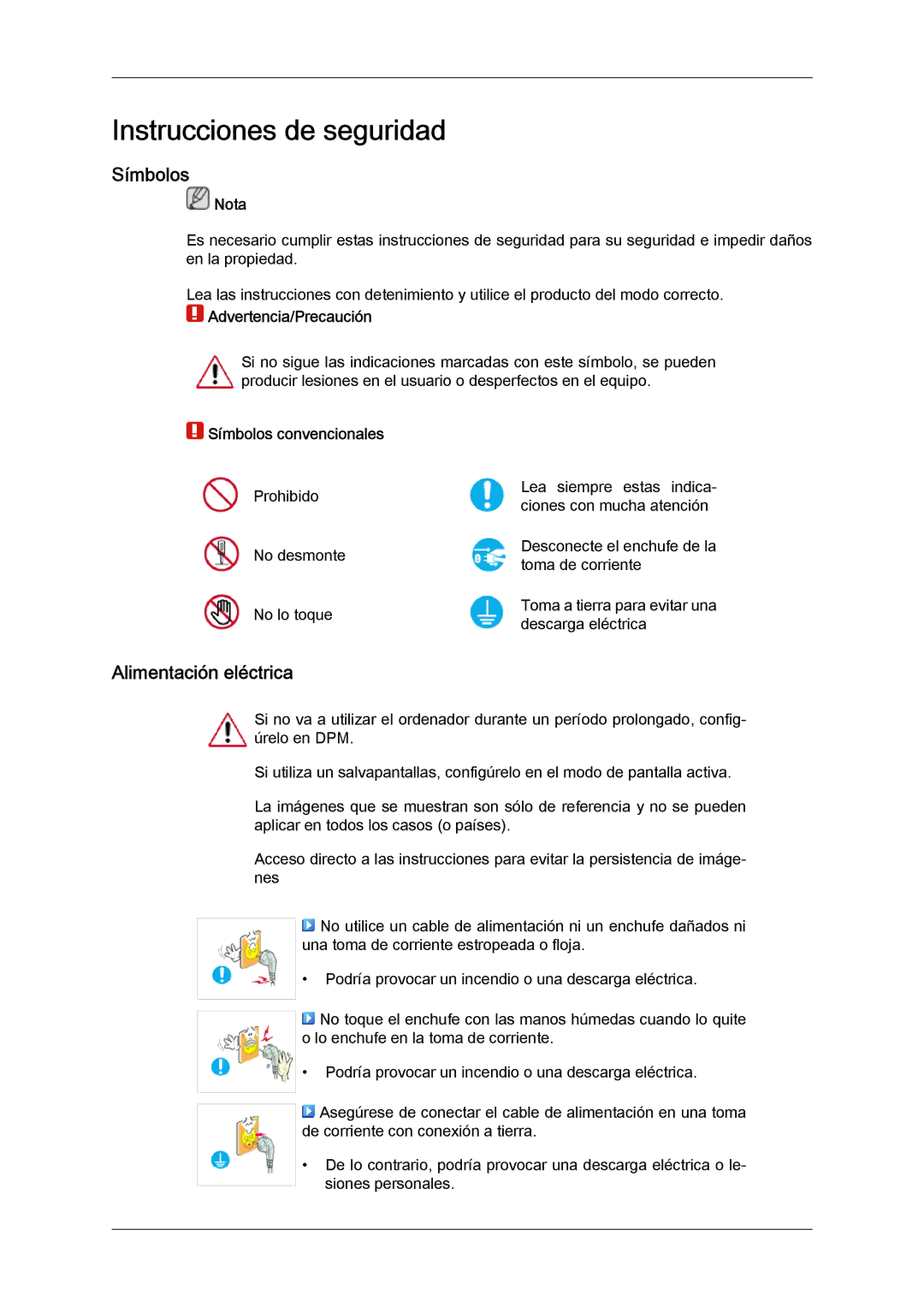 Samsung LH46MGQLBC/EN, LH40MGULBC/EN Alimentación eléctrica, Nota, Advertencia/Precaución, Símbolos convencionales 