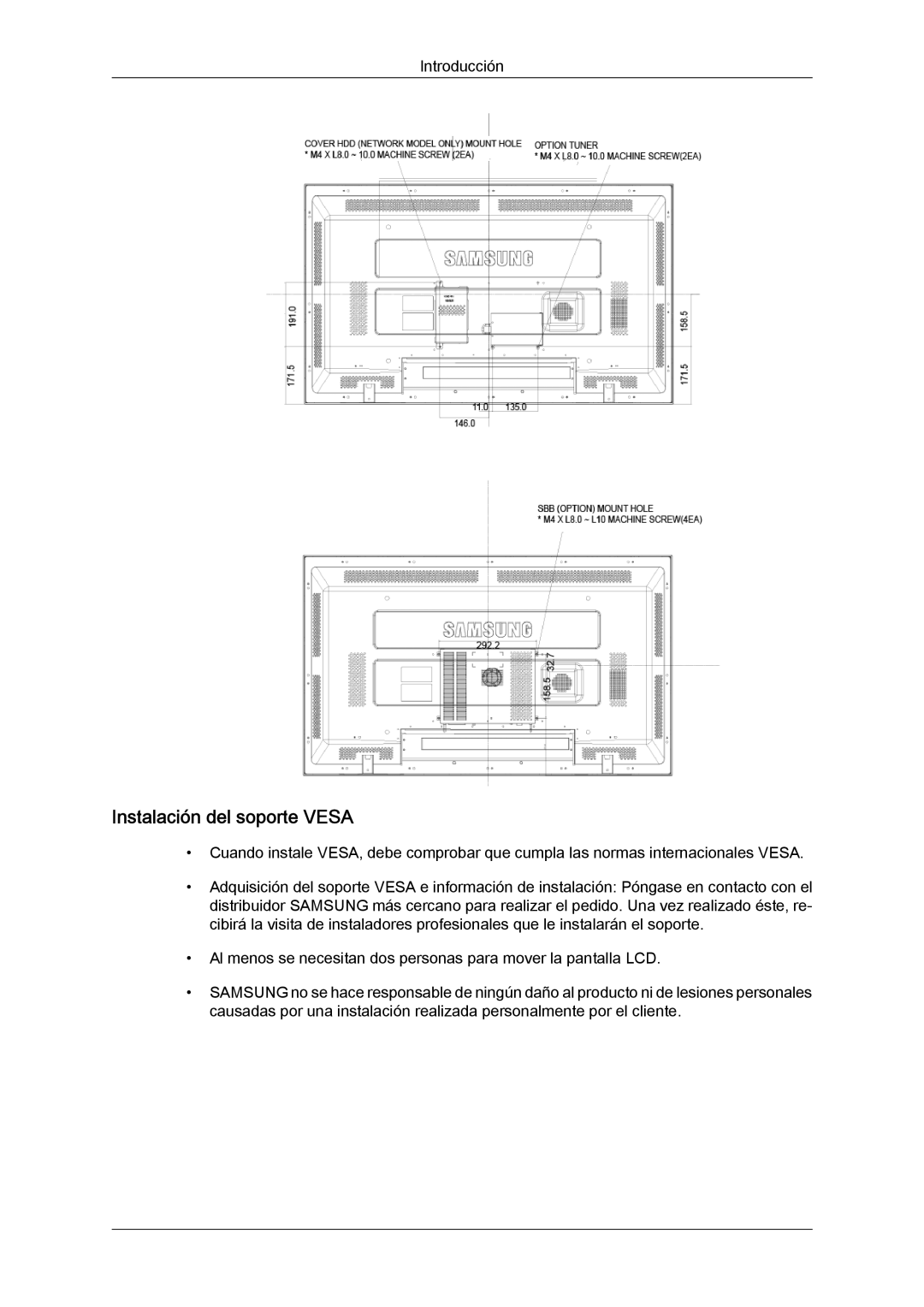 Samsung LH40MGQLBC/EN, LH40MGULBC/EN, LH46MGQLBC/EN, LH46MGULBC/EN, LH40MGULBC/ZB manual Instalación del soporte Vesa 