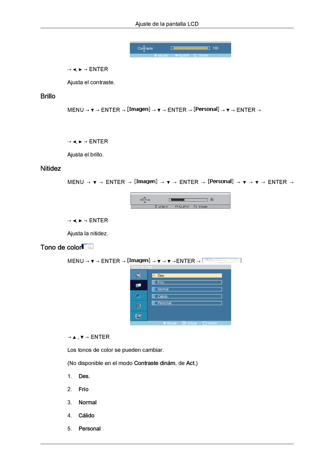 Samsung LH46MGULBC/EN, LH40MGULBC/EN, LH40MGQLBC/EN manual Brillo, Nitidez, Tono de color, Des Frío Normal Cálido Personal 