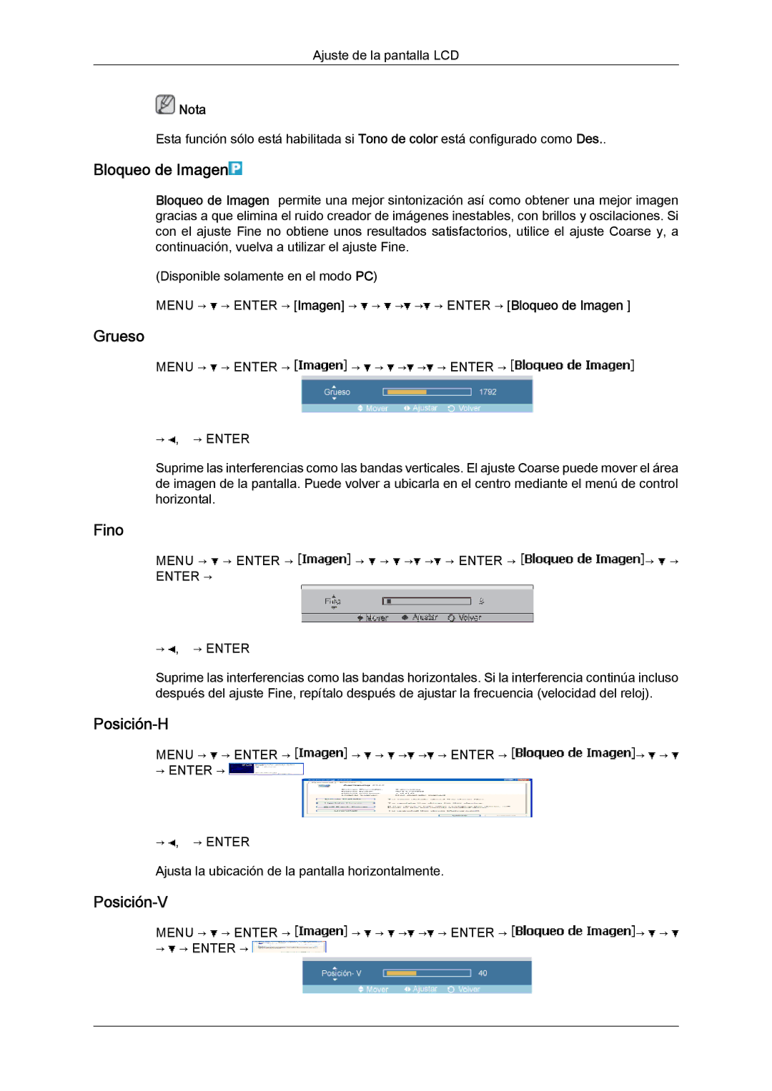 Samsung LH40MGULBC/EN, LH40MGQLBC/EN, LH46MGQLBC/EN, LH46MGULBC/EN Bloqueo de Imagen, Grueso, Fino, Posición-H, Posición-V 