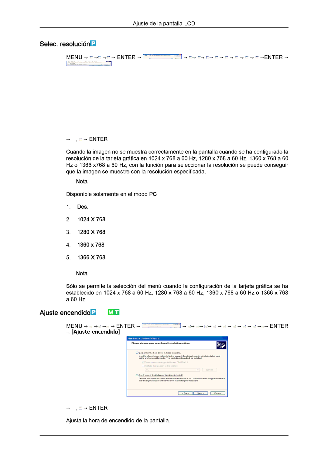 Samsung LH40MGQLBC/EN, LH40MGULBC/EN manual Selec. resolución, Ajuste encendido, Des 1024 X 1280 X 1360 x 1366 X Nota 