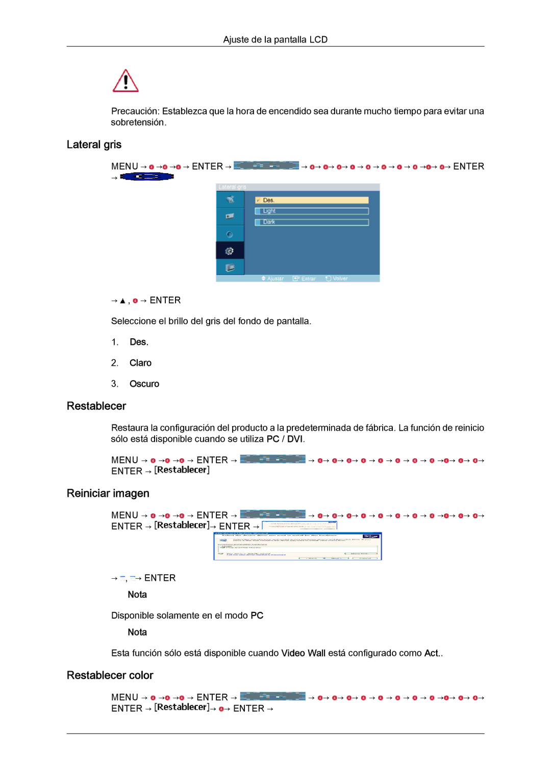 Samsung LH46MGQLBC/EN, LH40MGULBC/EN, LH40MGQLBC/EN Lateral gris, Reiniciar imagen, Restablecer color, Des Claro Oscuro 