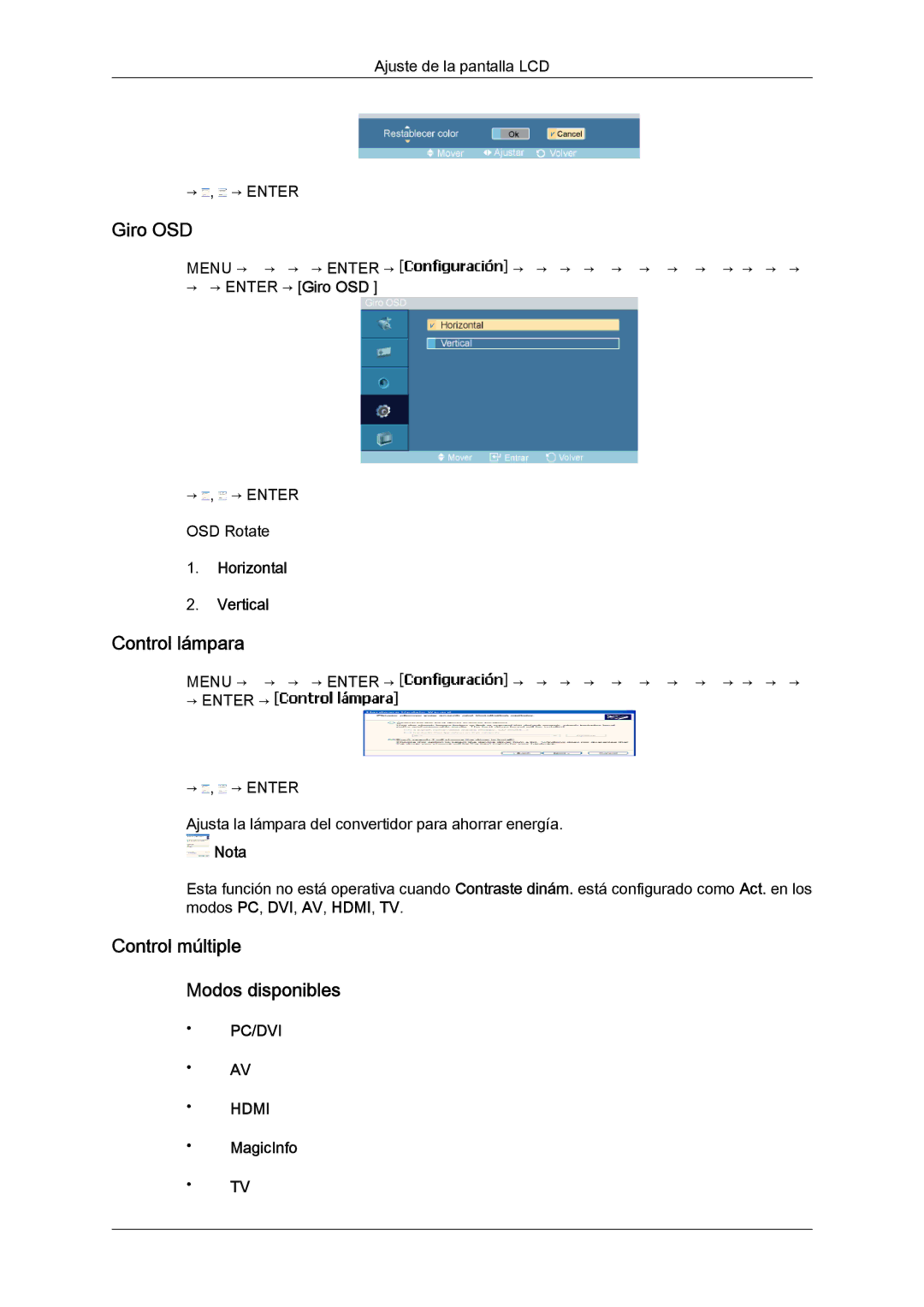 Samsung LH46MGULBC/EN manual Giro OSD, Control lámpara, Control múltiple Modos disponibles, Horizontal Vertical, MagicInfo 
