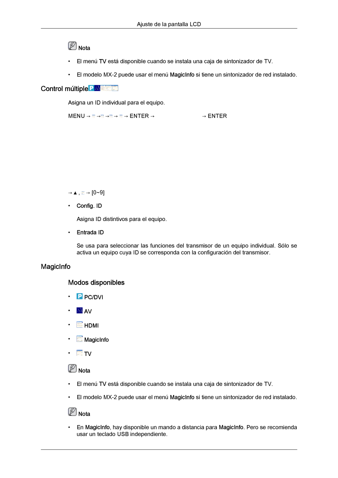 Samsung LH40MGULBC/ZB, LH40MGULBC/EN, LH40MGQLBC/EN Control múltiple, MagicInfo Modos disponibles, Config. ID, Entrada ID 