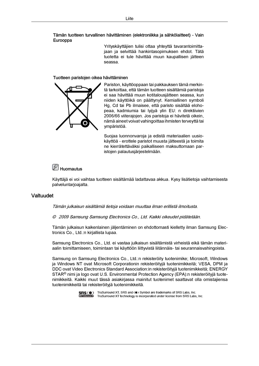 Samsung LH40MGULBC/EN, LH40MGQLBC/EN, LH46MGQLBC/EN, LH46MGULBC/EN manual Valtuudet, Tuotteen paristojen oikea hävittäminen 