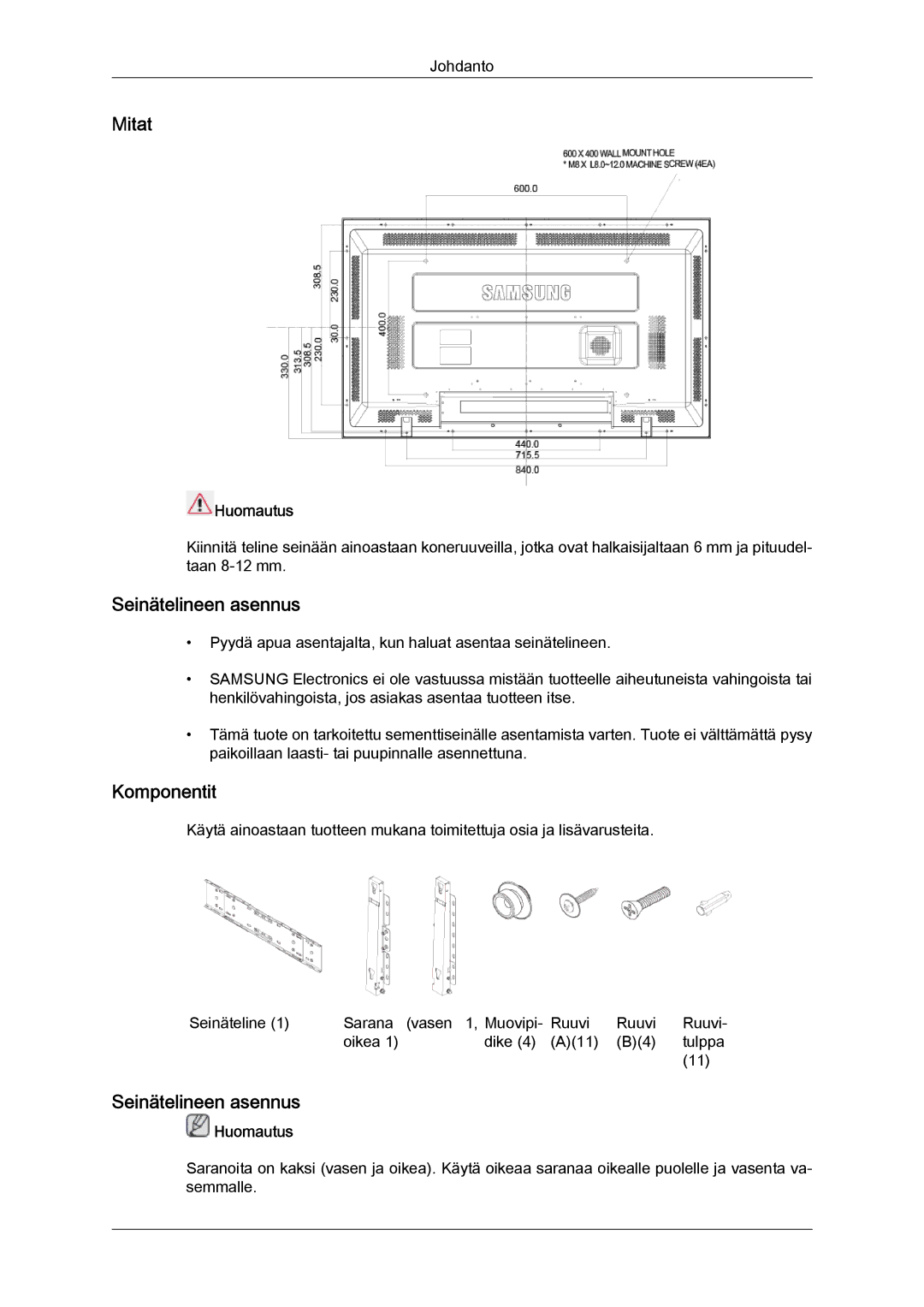 Samsung LH46MGULBC/EN, LH40MGULBC/EN, LH40MGQLBC/EN, LH46MGQLBC/EN manual Mitat 