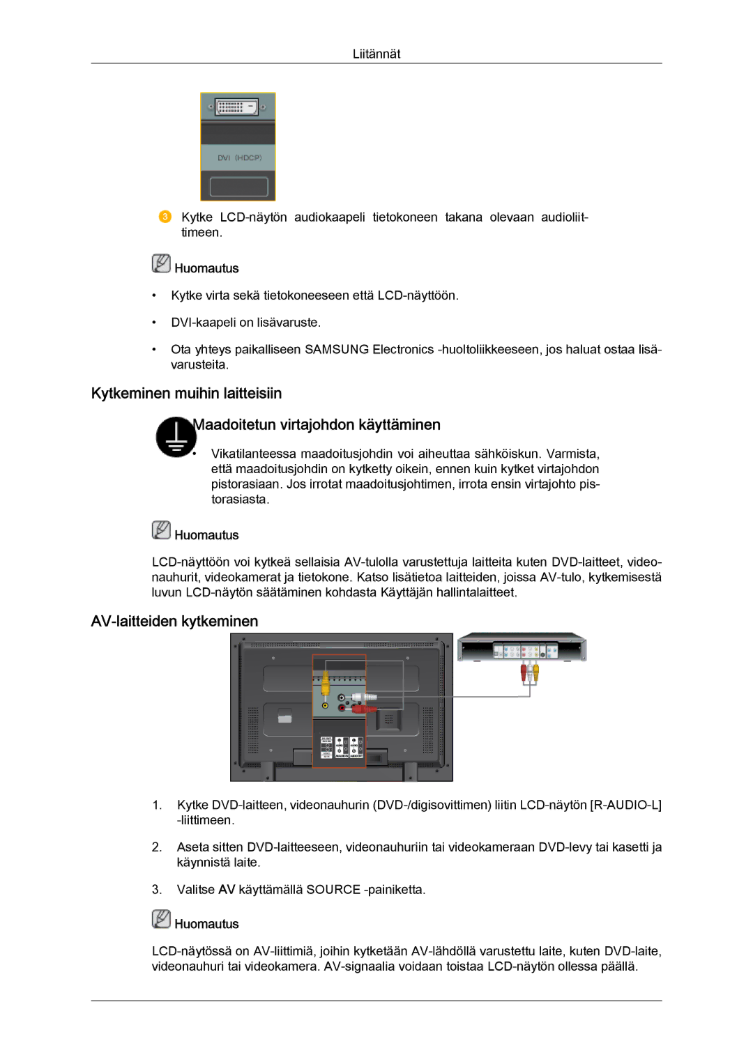 Samsung LH40MGQLBC/EN, LH40MGULBC/EN, LH46MGQLBC/EN, LH46MGULBC/EN manual AV-laitteiden kytkeminen 