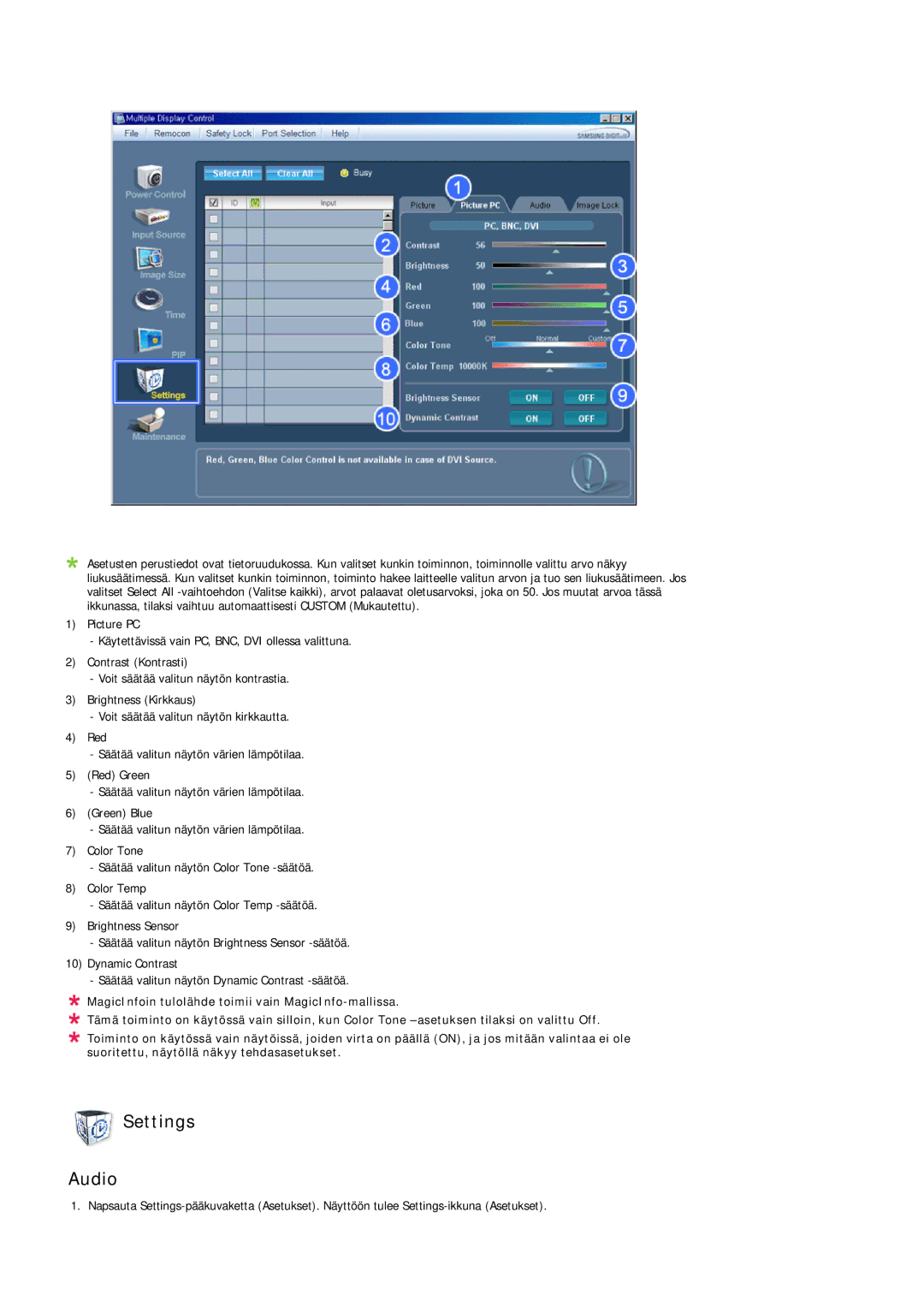 Samsung LH40MGQLBC/EN, LH40MGULBC/EN, LH46MGQLBC/EN, LH46MGULBC/EN manual Settings Audio 