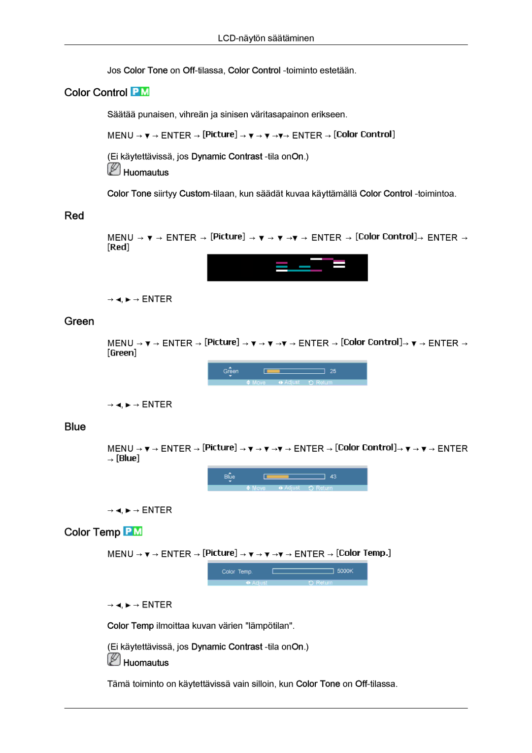 Samsung LH40MGULBC/EN, LH40MGQLBC/EN, LH46MGQLBC/EN, LH46MGULBC/EN manual Color Control, Red, Green, Blue, Color Temp 