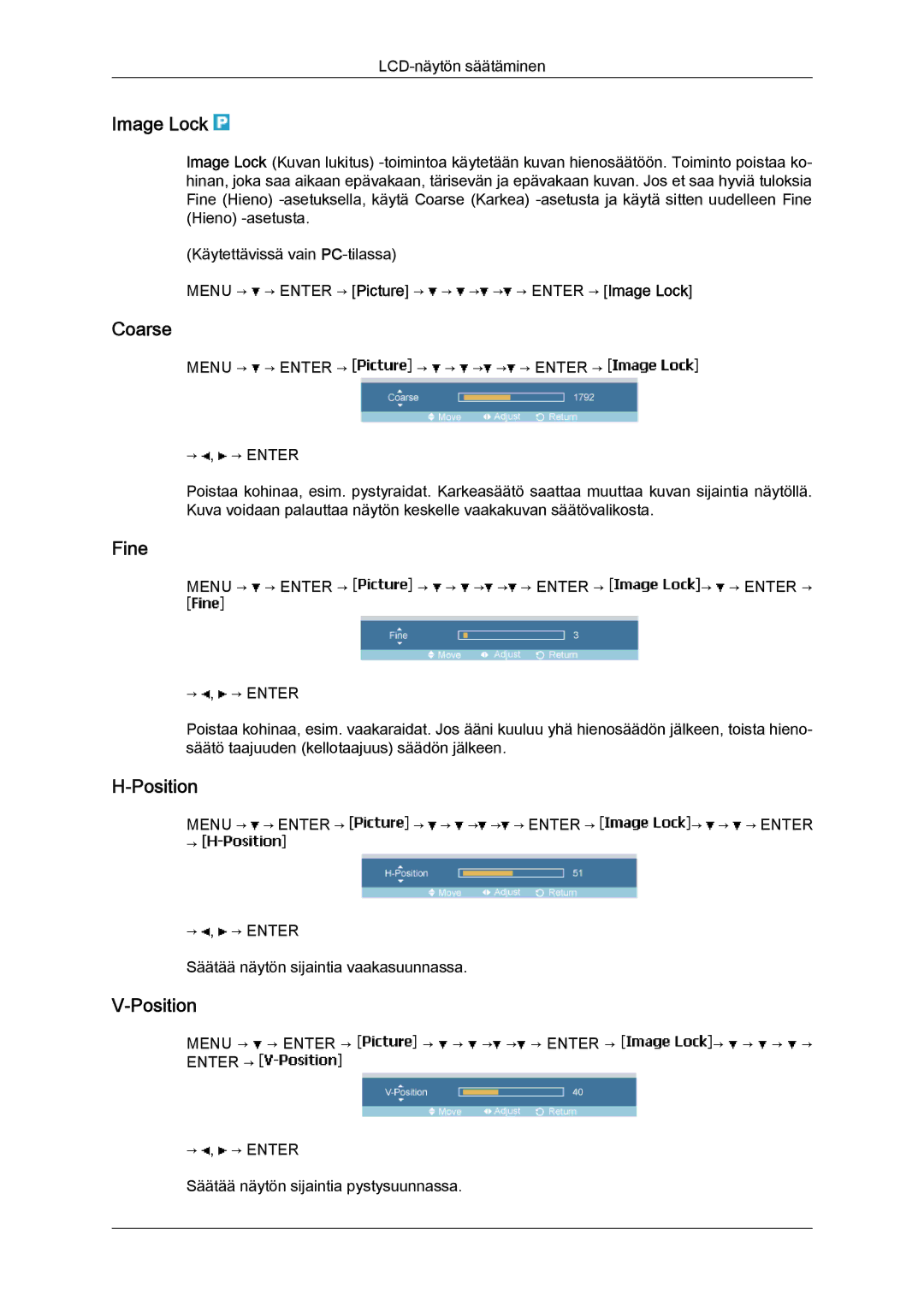 Samsung LH40MGQLBC/EN, LH40MGULBC/EN, LH46MGQLBC/EN, LH46MGULBC/EN manual Image Lock, Coarse, Fine, Position 