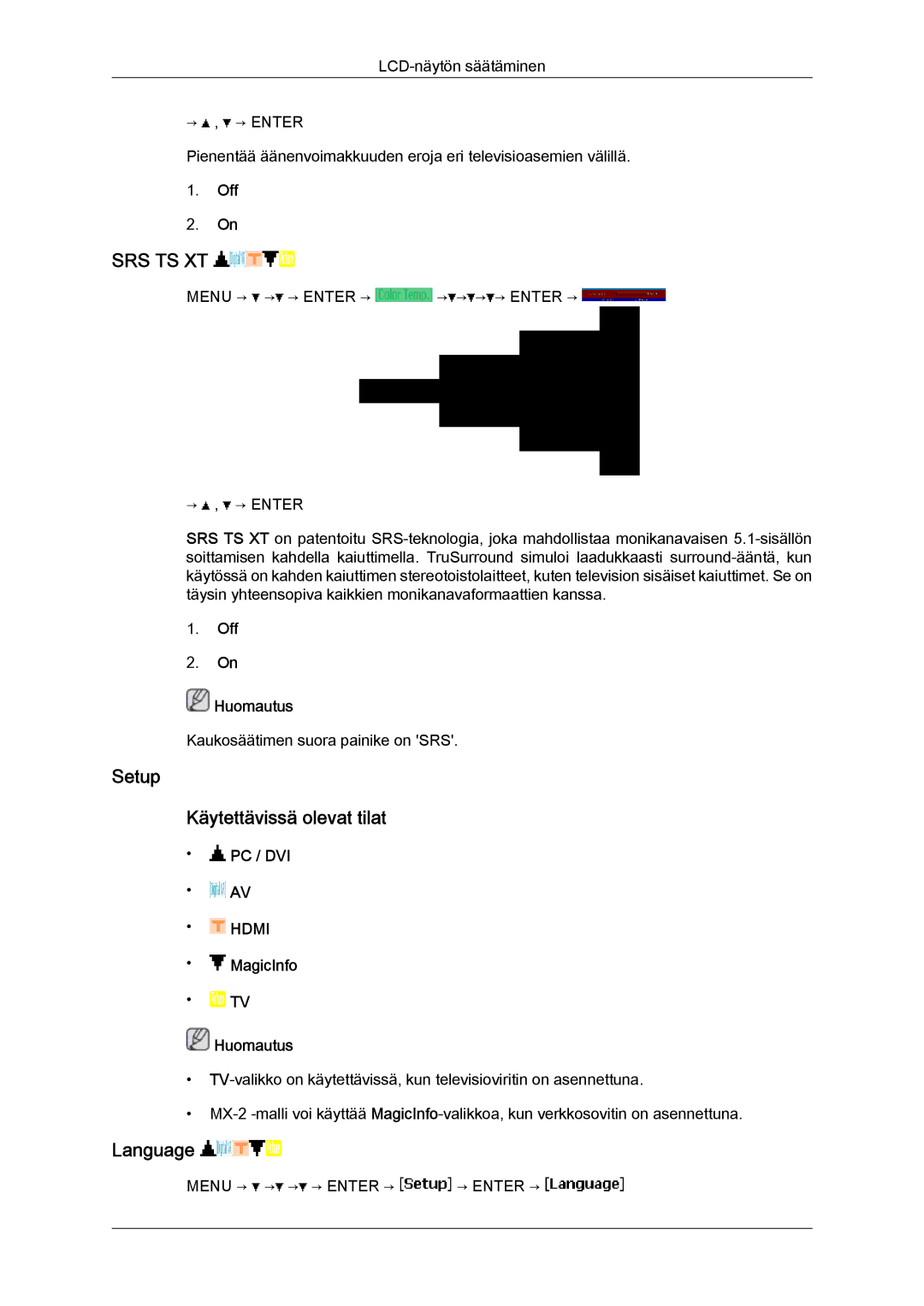 Samsung LH46MGULBC/EN, LH40MGULBC/EN, LH40MGQLBC/EN, LH46MGQLBC/EN Setup Käytettävissä olevat tilat, Language, Off Huomautus 