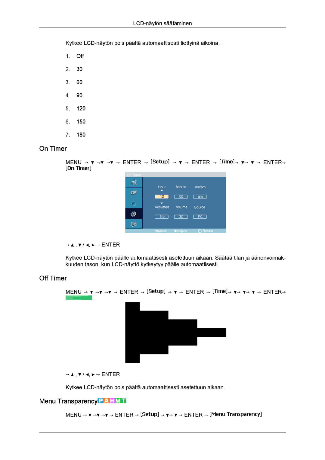 Samsung LH40MGQLBC/EN, LH40MGULBC/EN, LH46MGQLBC/EN, LH46MGULBC/EN manual On Timer, Off Timer, Menu Transparency 