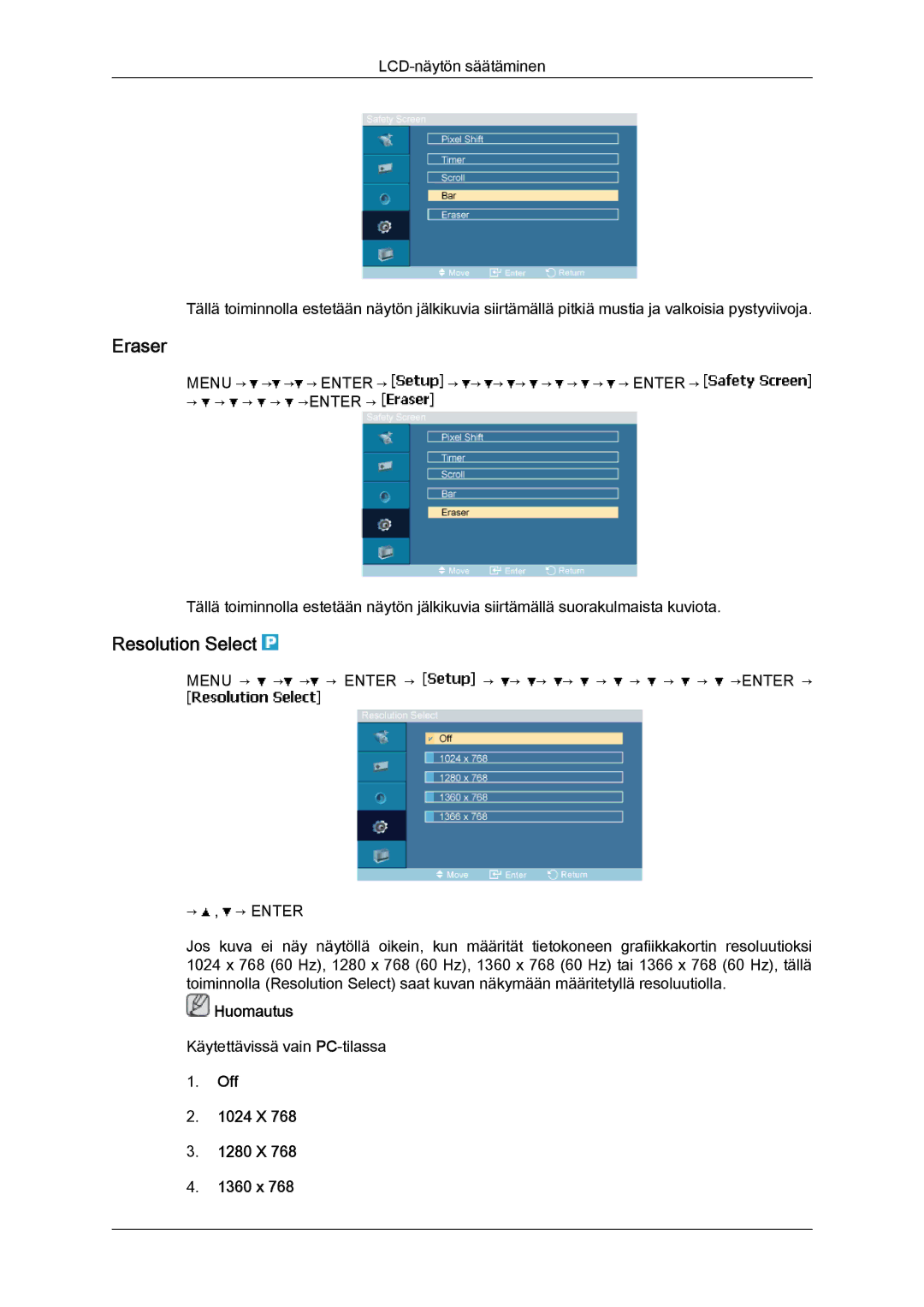 Samsung LH40MGQLBC/EN, LH40MGULBC/EN, LH46MGQLBC/EN, LH46MGULBC/EN manual Eraser, Resolution Select, Off 1024 X 1280 X 1360 x 