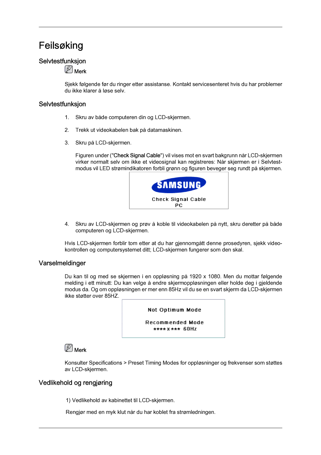 Samsung LH46MGQLBC/EN, LH40MGULBC/EN, LH40MGQLBC/EN manual Selvtestfunksjon, Varselmeldinger, Vedlikehold og rengjøring 