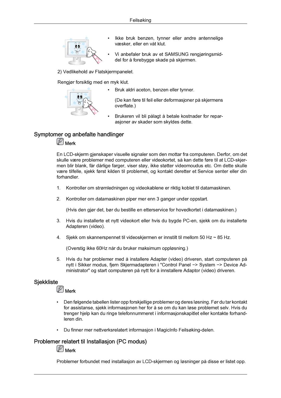 Samsung LH46MGULBC/EN manual Symptomer og anbefalte handlinger, Sjekkliste, Problemer relatert til Installasjon PC modus 