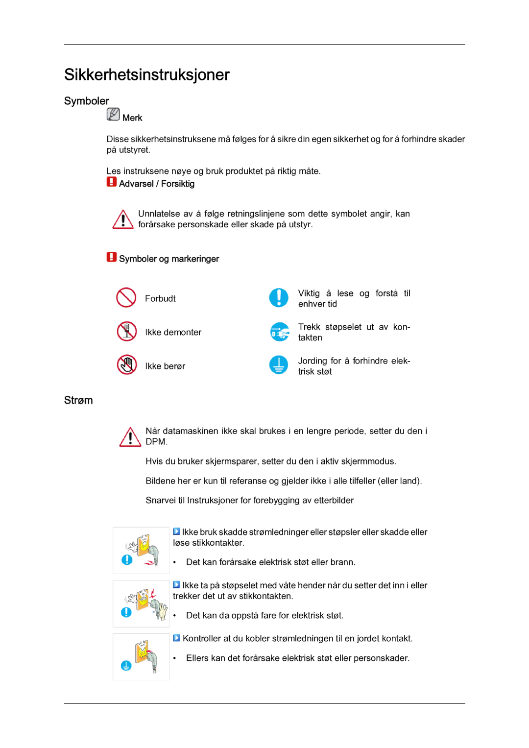 Samsung LH46MGQLBC/EN, LH40MGULBC/EN, LH40MGQLBC/EN, LH46MGULBC/EN manual Strøm, Merk, Symboler og markeringer 