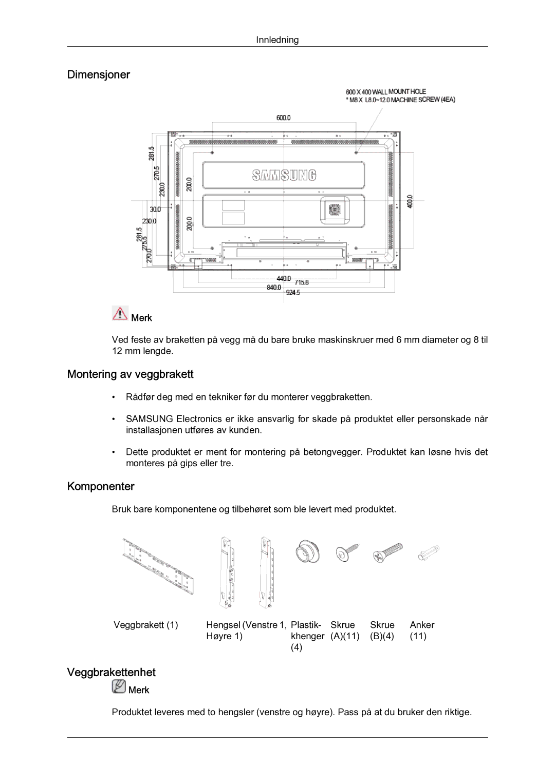 Samsung LH40MGULBC/EN, LH40MGQLBC/EN, LH46MGQLBC/EN Dimensjoner, Montering av veggbrakett, Komponenter, Veggbrakettenhet 