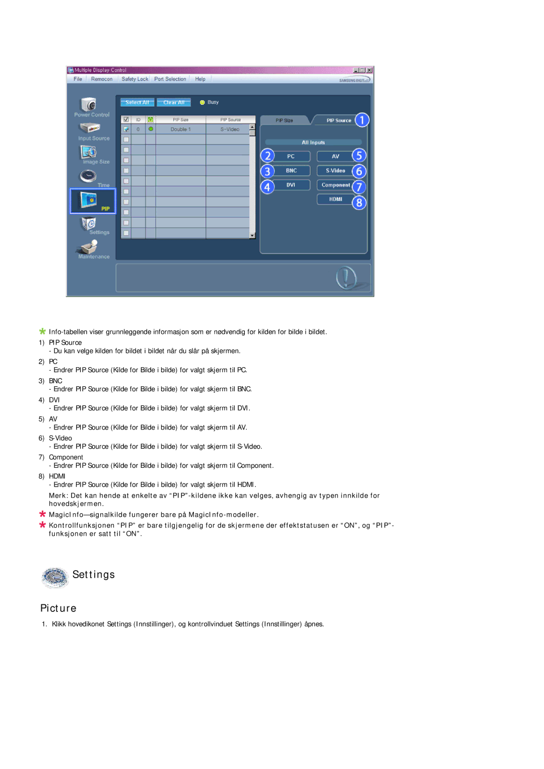 Samsung LH46MGULBC/EN, LH40MGULBC/EN, LH40MGQLBC/EN, LH46MGQLBC/EN manual Settings Picture 