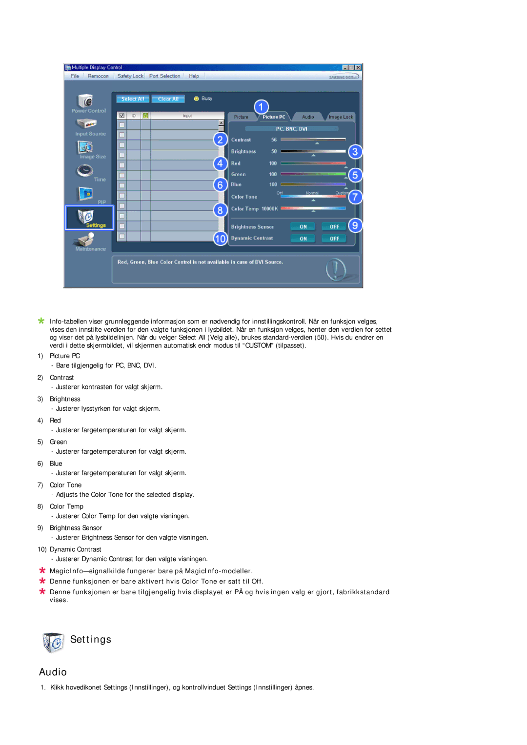 Samsung LH40MGQLBC/EN, LH40MGULBC/EN, LH46MGQLBC/EN, LH46MGULBC/EN manual Settings Audio 